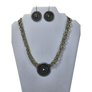 Vintage Style Gold-Tone Necklace & Earrings Set – Round Medallion Design with...